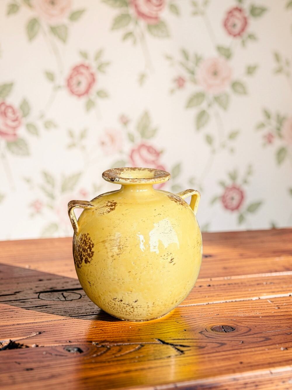 Made in Italy Yellow Ceramic Vase 7” Double Handle Rustic Distressed Pottery